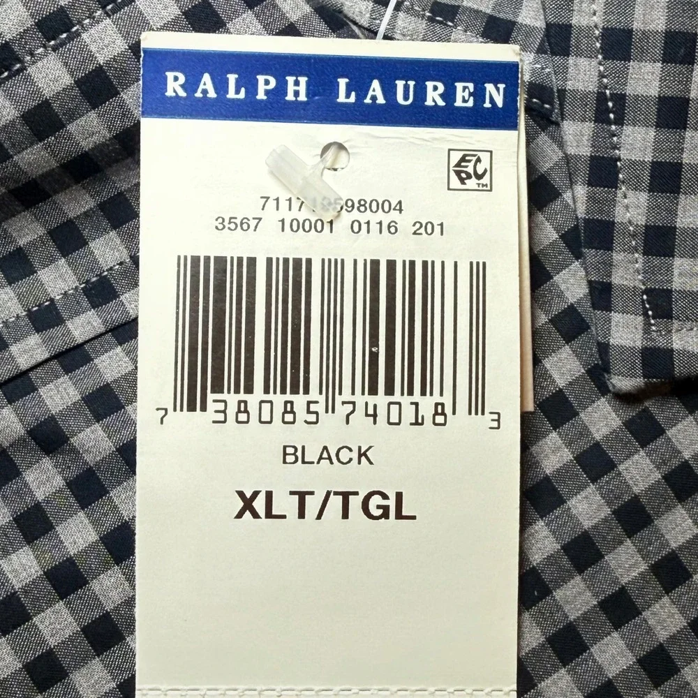 Polo Ralph Lauren Mens XLT Black Gingham Cotton Stretch Button Down Shirt L/S